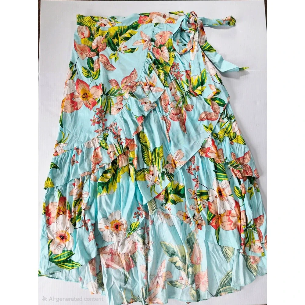 New York & Company Floral Wrap Skirt XL Blue Tropical Ruffle High Low Maxi